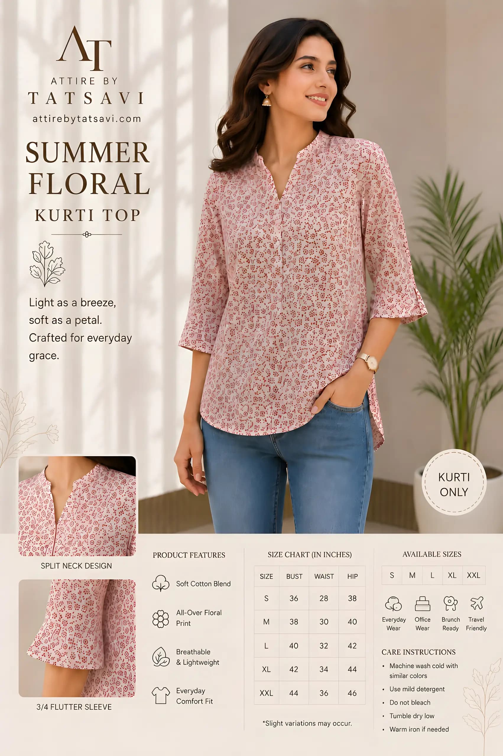 Red Fold-Sleeve Kurti — details & size guide