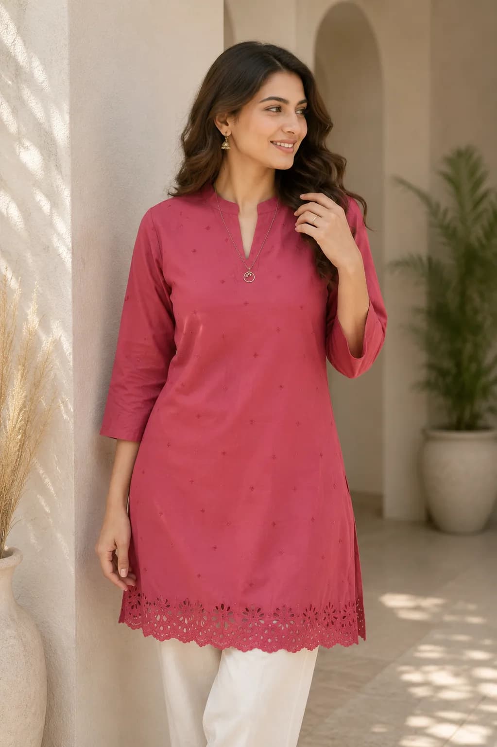 Pink Embroidered Short Kurti — view 4