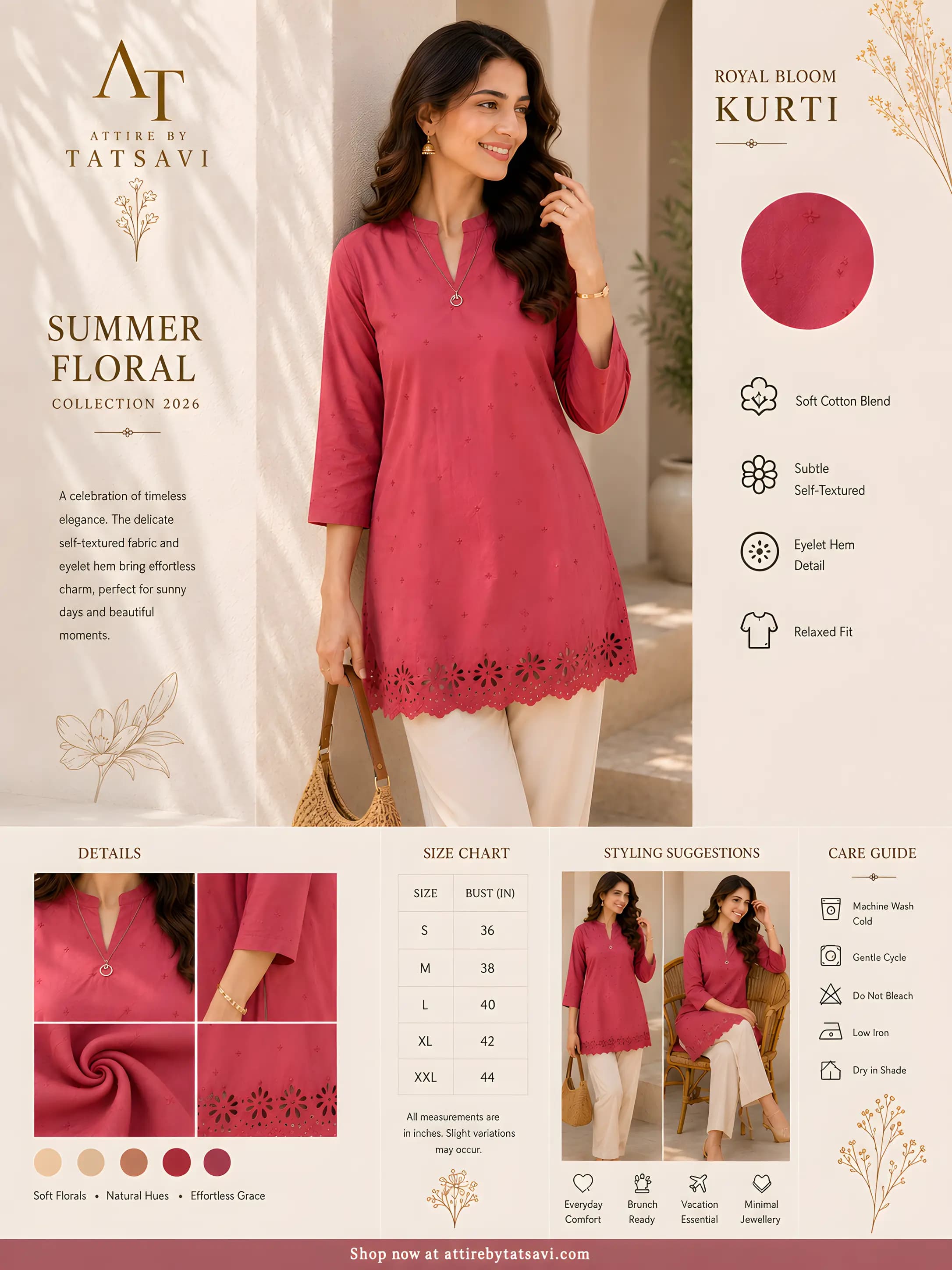 Pink Embroidered Short Kurti — details & size guide