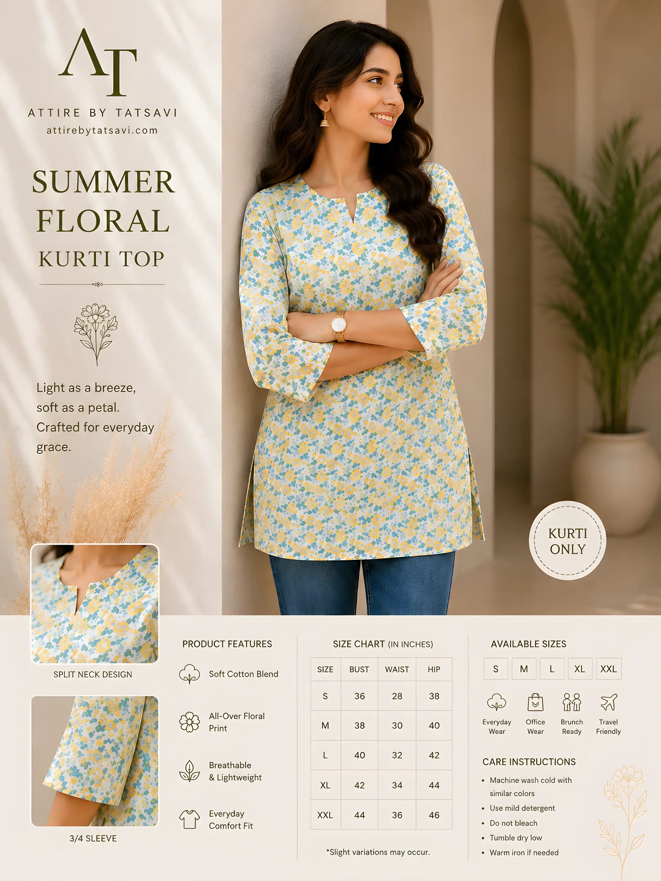 White Short Kurti — details & size guide