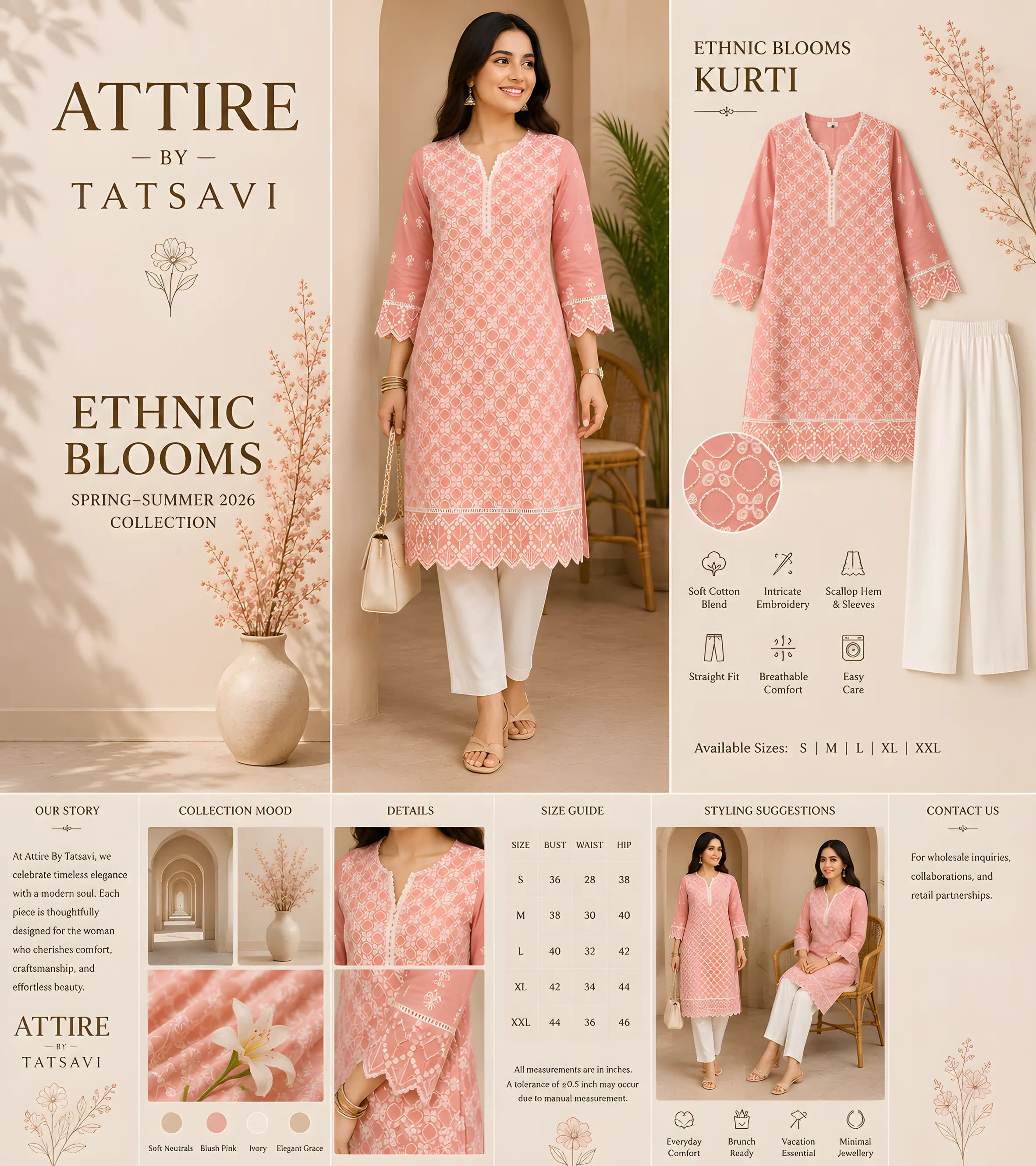 Pastel Pink Embroidered Short Kurti — details & size guide