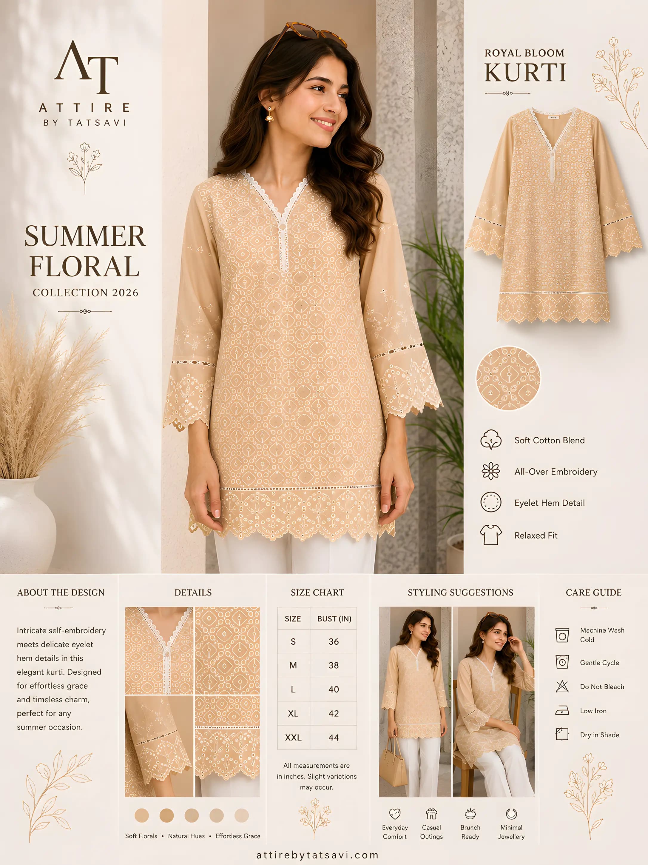 Pastel Yellow Embroidered Kurti — details & size guide