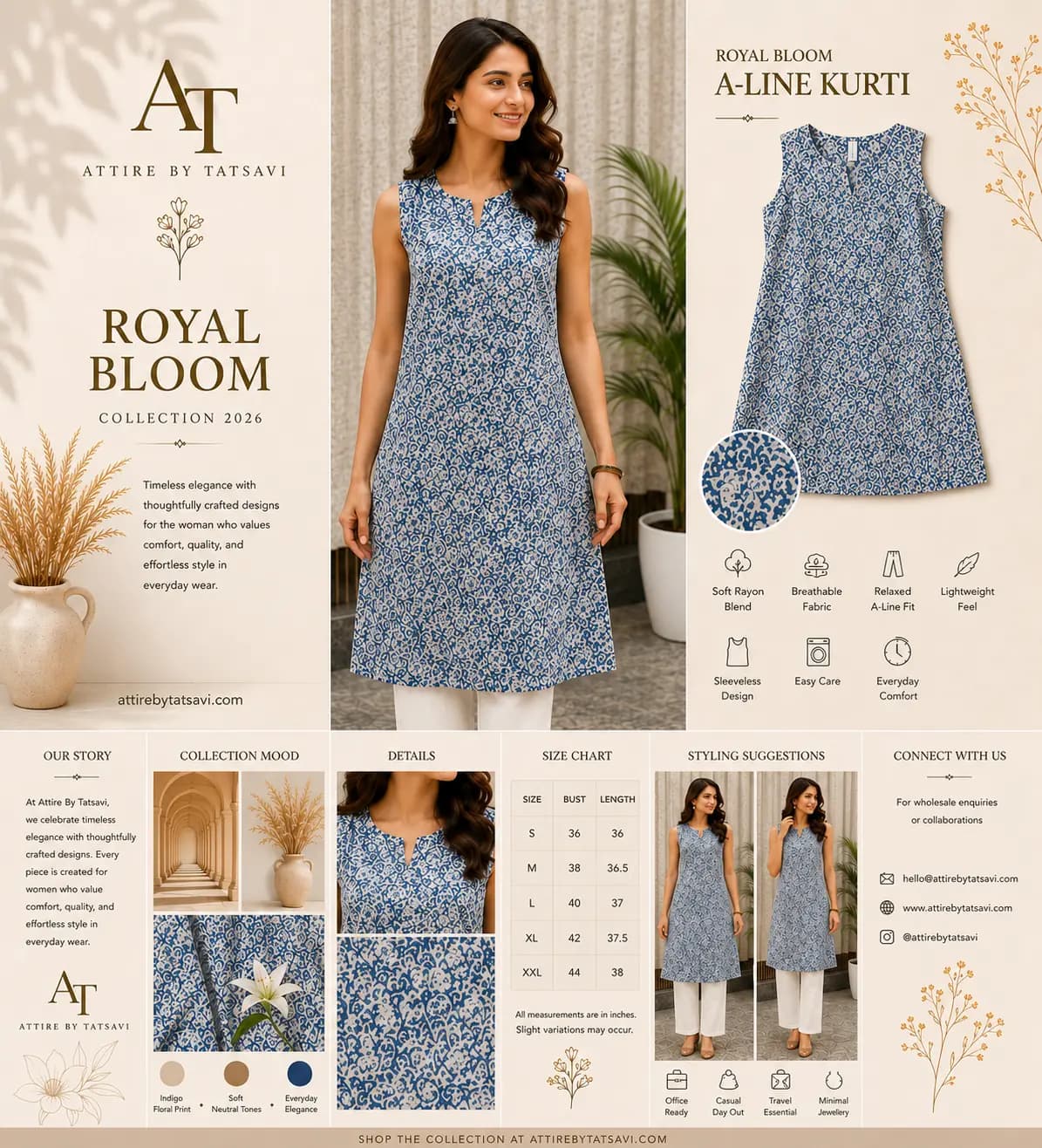 Blue Printed A-Line Kurti — view 4