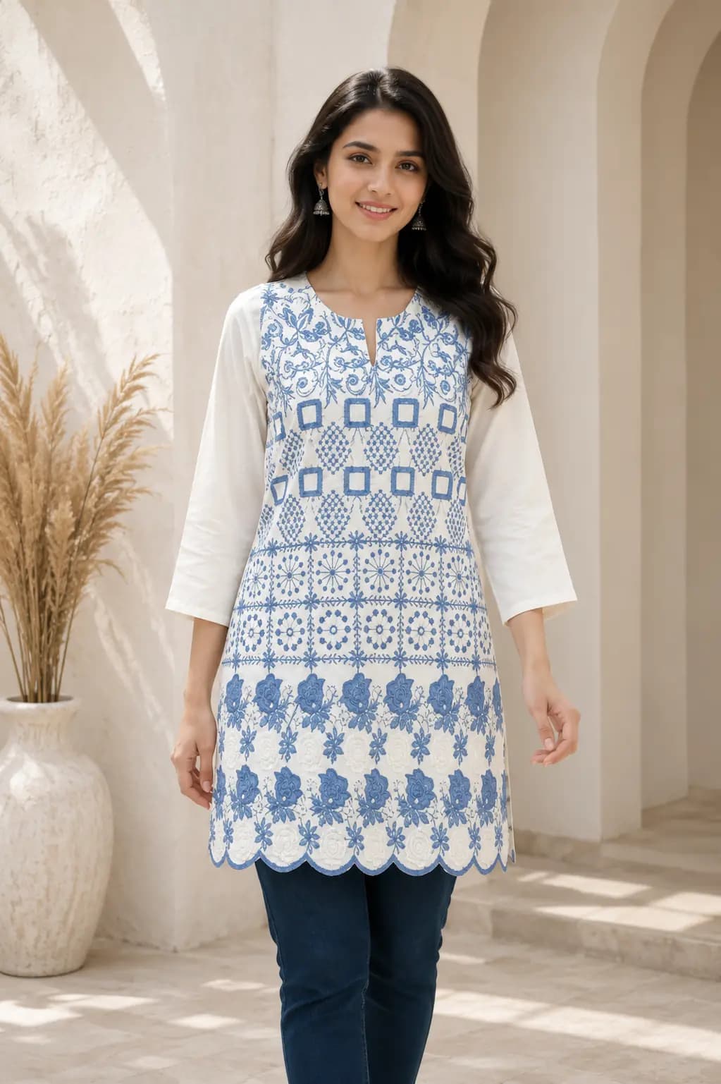Blue Embroidered Short Kurti