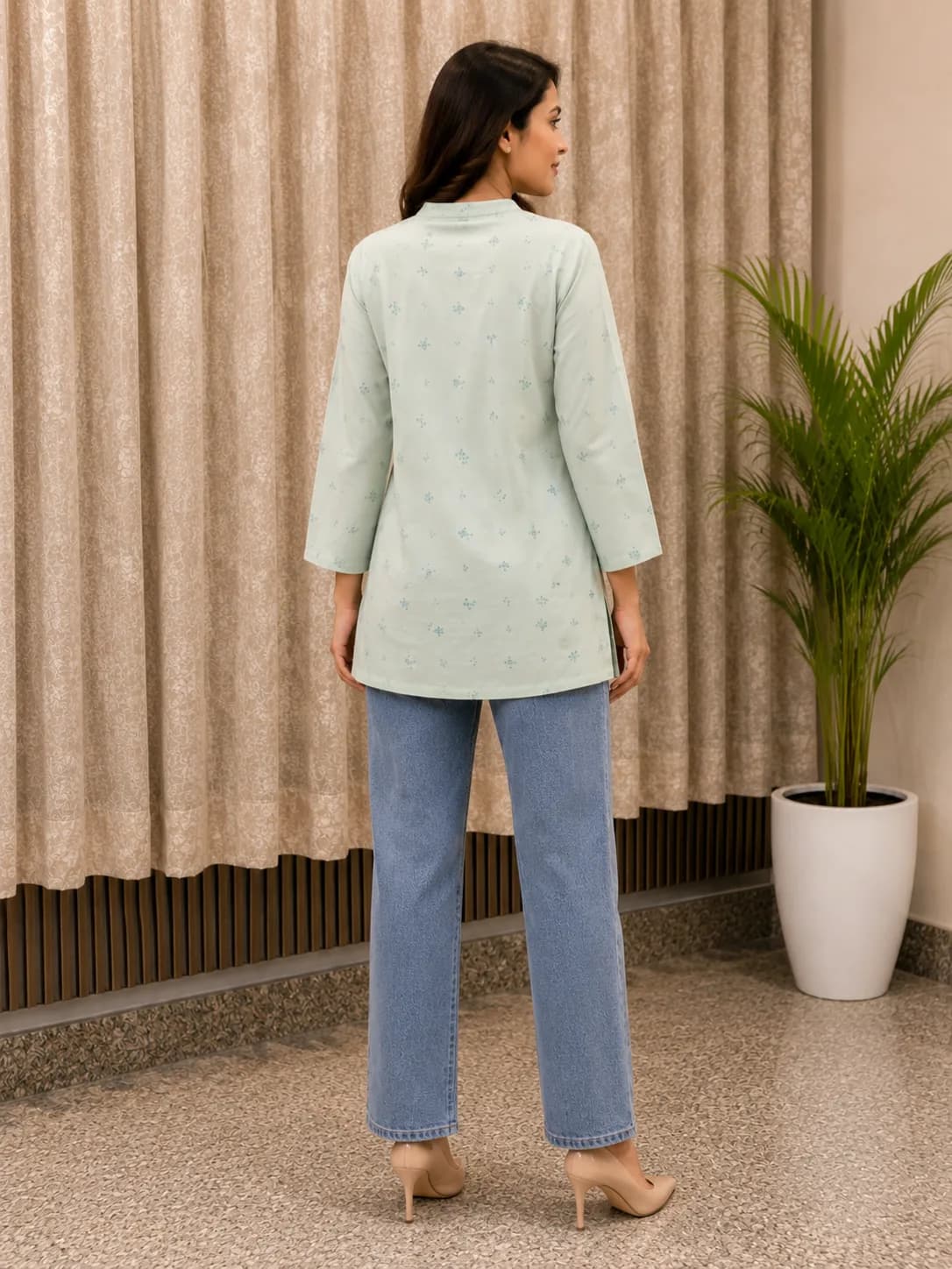 Pista Green Printed Short Kurti