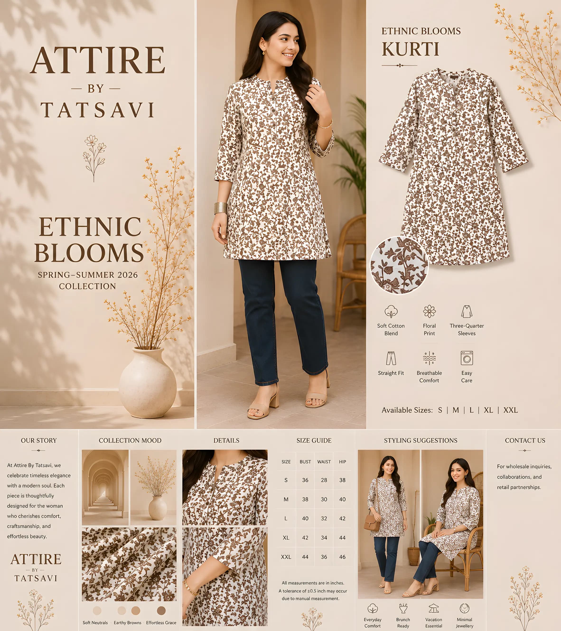Brown Printed Short Kurti — details & size guide